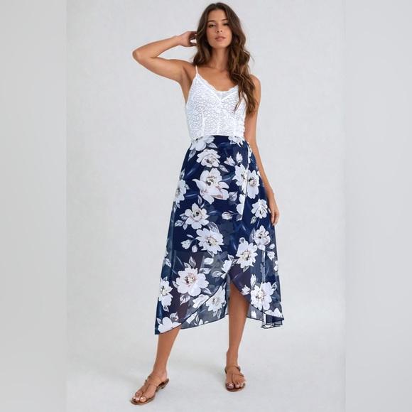 Lace Floral Print Tulip Hem Chiffon Dress - Picture 1 of 12